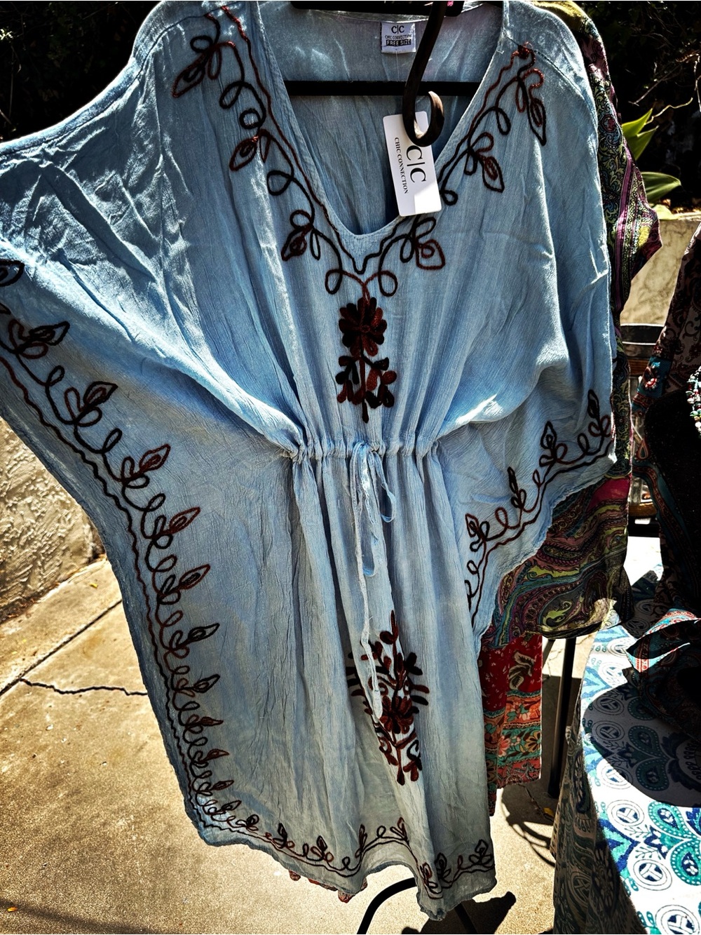 Light Blue Crinkle Dress with Brown Yarn Embroidery